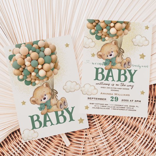 Invitation Baby shower Bear Green Balloons