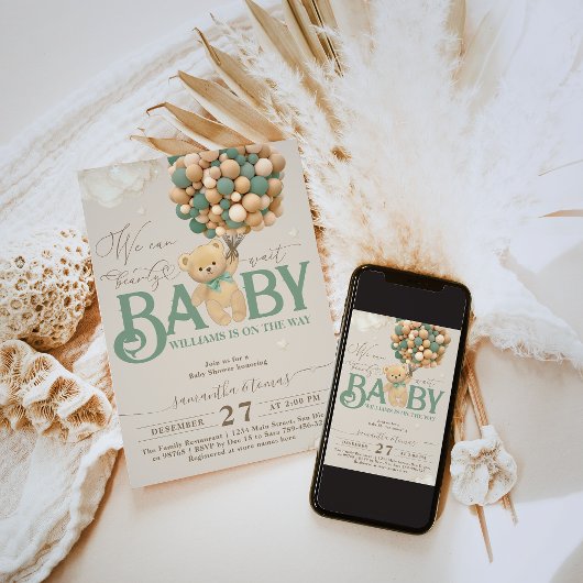 Invitation Baby shower Bear Theme Green Balloon