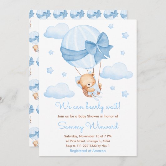 Invitation Baby shower Bearly Wait Blue Balloon Boy (Devant / Derrière)