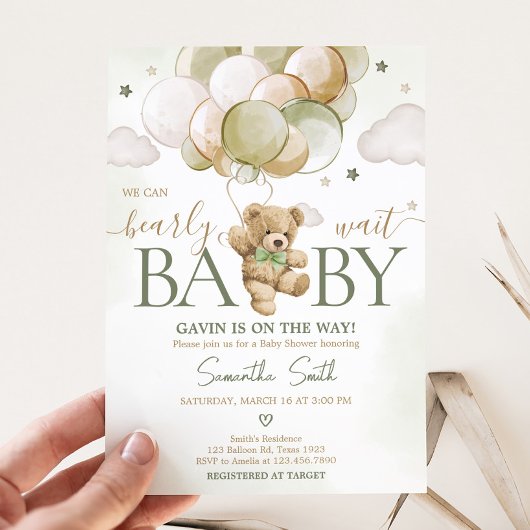Invitation Baby shower Bearly Wait Green Balloon