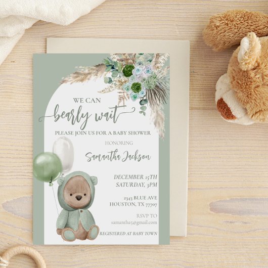 Invitation Baby shower Bearly Wait Green Boho Bear