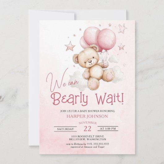 Invitation Baby shower Bearly Wait Pink Ballots (Devant)