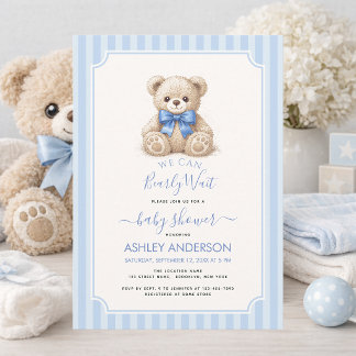 Invitation Baby Shower Bearly Wait Teddy Bear & Blue Stripes