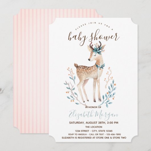 Invitation Baby shower Beau Reindeer Rose Stripes (Devant / Derrière)