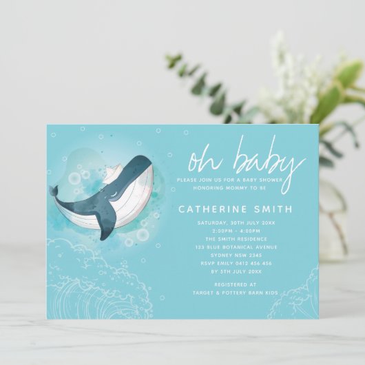 Invitation Baby shower bébé baleine (Debout devant)