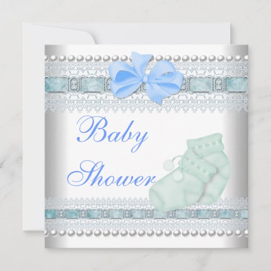 Invitation Baby shower Bébé Bleu Booties Pearl Lace (Devant)