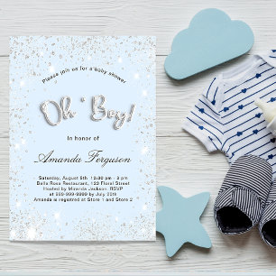 Invitation Baby shower bébé bleu garçon argent brillant luxe