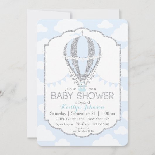 Invitation Baby shower bébé Blue Hot Air Balloon Boy (Devant)