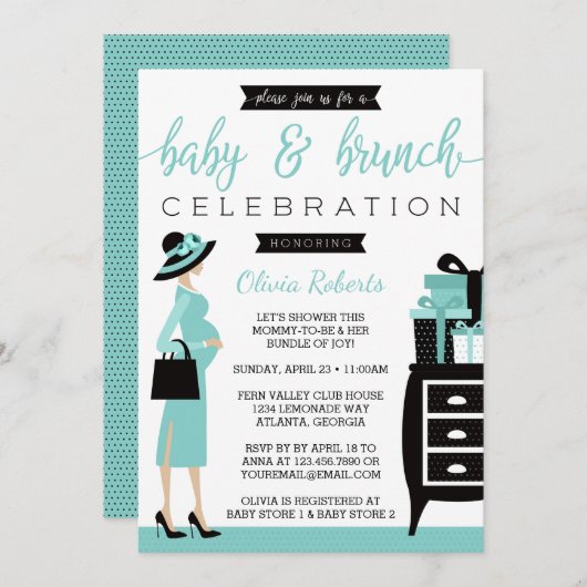 Invitation Baby shower bébé & bruch Invitation, Turquoise, No (Devant / Derrière)