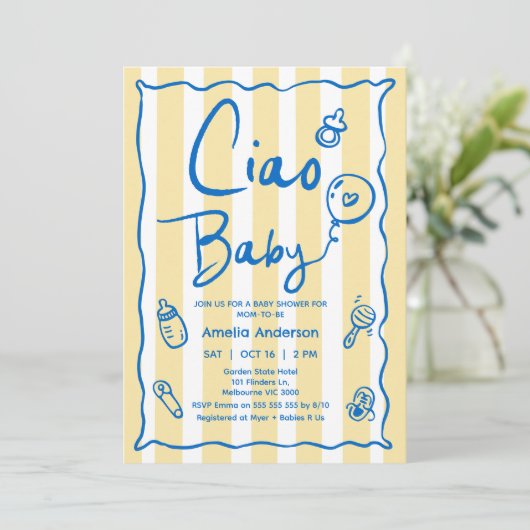 Invitation Baby shower bébé Ciao jaune bleu dessiné à la main (Debout devant)