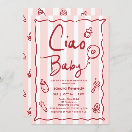 Invitation Baby shower bébé Ciao rose rouge dessiné à la main (Devant / Derrière)