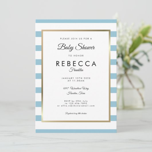 Invitation Baby shower Bébé classique Bleu à rayures / Sprink (Debout devant)
