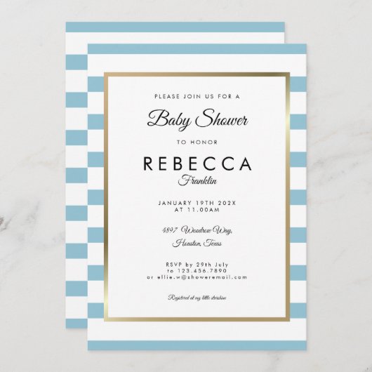 Invitation Baby shower Bébé classique Bleu à rayures / Sprink (Devant / Derrière)