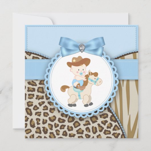Invitation Baby Shower Bébé Cowboy Brun Bleu (Devant)
