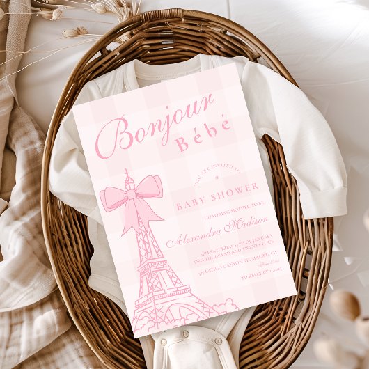 Invitation Baby shower Bebe de Bow rose Bonjour