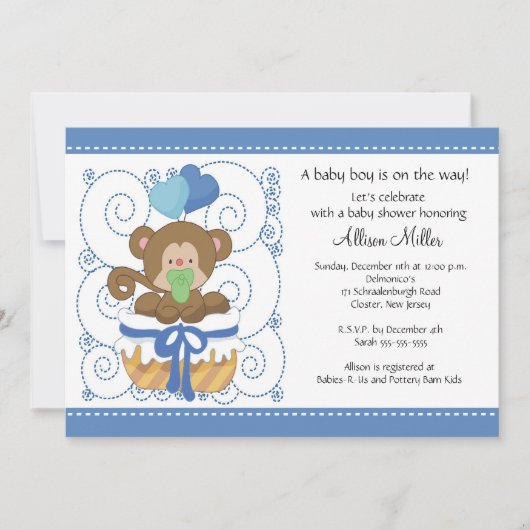 Invitation Baby shower bébé de singe doux (Devant)
