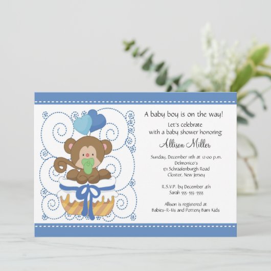 Invitation Baby shower bébé de singe doux (Debout devant)
