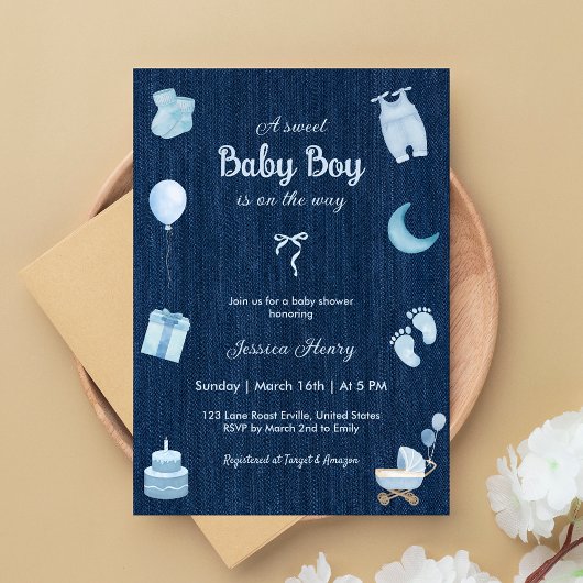 Invitation Baby shower bébé Denim moderne