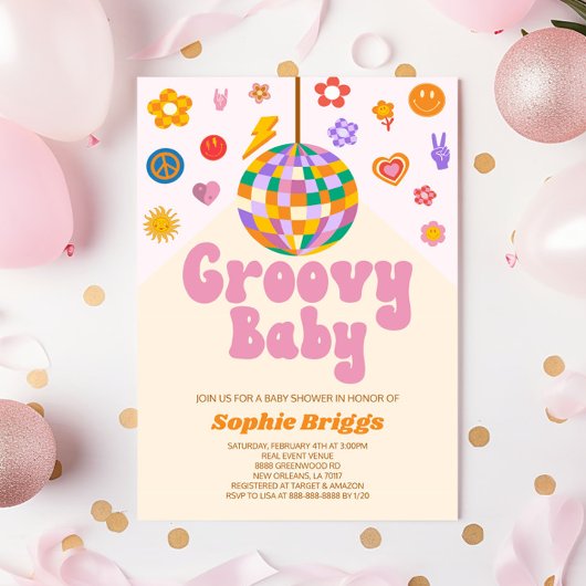 Invitation Baby shower bébé Disco Ball Super Retro 70's