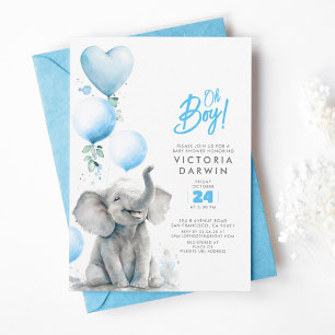 Invitation Baby shower bébé éléphant bleu et gris mou garçon