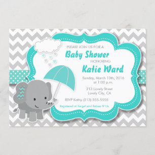 Invitation Baby shower bébé éléphant garçon Turquoise Blue In