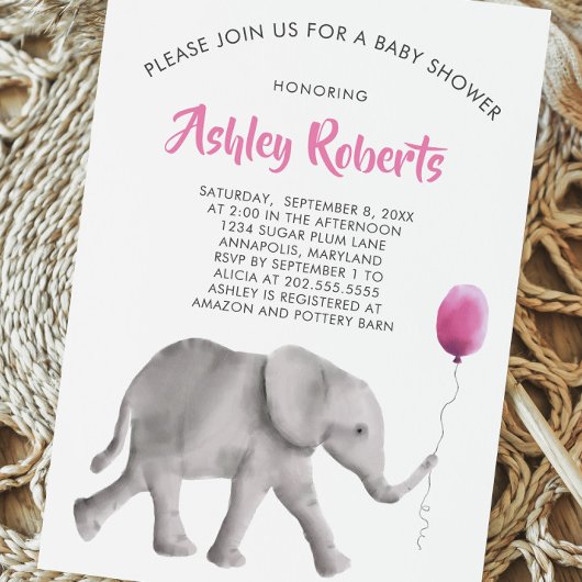 Invitation Baby shower bébé éléphant Invitation, rose et gris