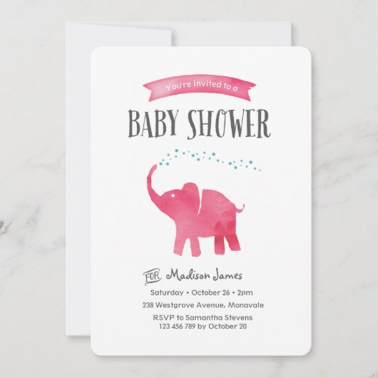 Invitation Baby shower bébé éléphant | rose (Devant)