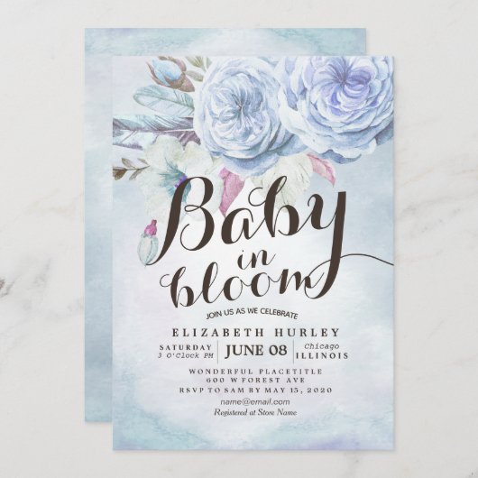 Invitation Baby shower bébé en fleur de Bohème en fleurs plum (Devant / Derrière)