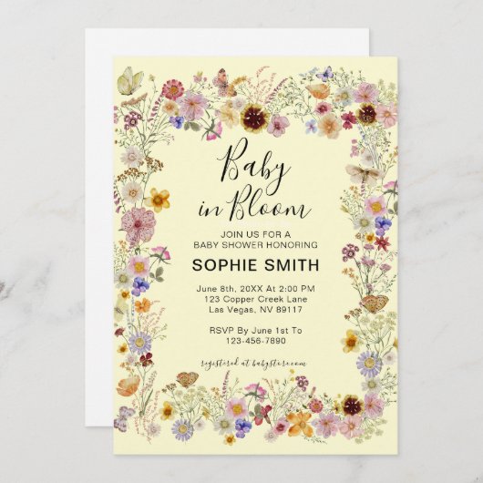Invitation Baby shower Bébé En Fleur Jardin Papillons (Devant / Derrière)
