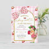 Invitation Baby Shower Bébé Espagnol Ruban Gingham Fraise (Debout devant)