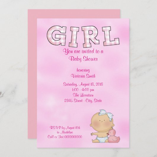 Invitation Baby shower bébé fille (Devant / Derrière)