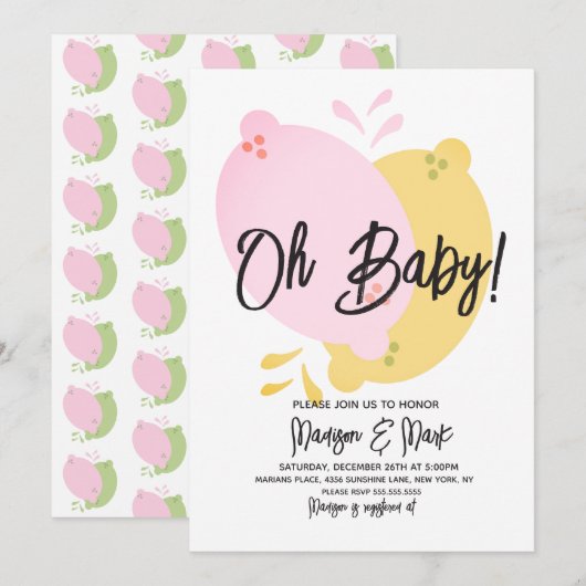 Invitation Baby Shower Bébé Fille Citron Rose Mode (Devant / Derrière)