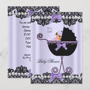 Invitation Baby Shower Bébé Fille Lavande Violet Noir Dentell