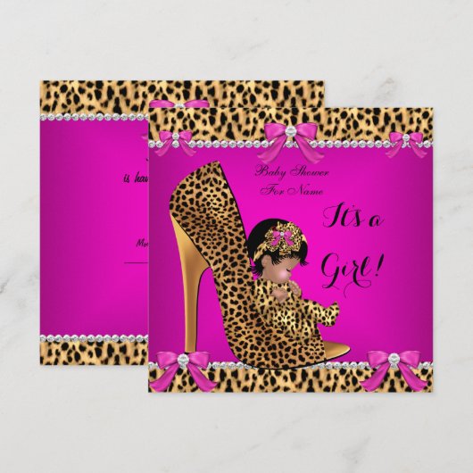 Invitation Baby Shower Bébé Fille Mignonne Chaussure Léopard (Devant / Derrière)