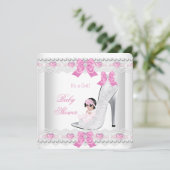 Invitation Baby shower bébé fille rose blanc dentelle Coeur C (Debout devant)