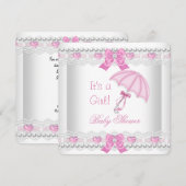 Invitation Baby shower bébé fille rose blanc dentelle paraplu (Devant / Derrière)