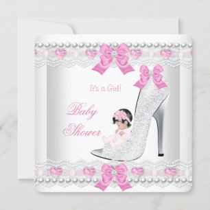 Invitation Baby Shower Bébé Fille Rose Dentelle Blanche Chaus