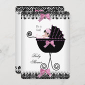 Invitation Baby shower bébé fille rose noir blanc dentelle (Devant / Derrière)