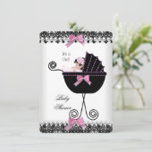 Invitation Baby shower bébé fille rose noir blanc dentelle (Debout devant)