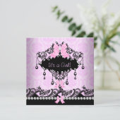 Invitation Baby shower bébé fille rose noir Damask Bow (Debout devant)