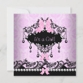 Invitation Baby shower bébé fille rose noir Damask Bow (Devant)