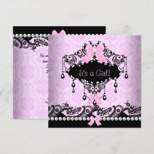 Invitation Baby Shower Bébé Fille Rose Noir Damassé Nœud