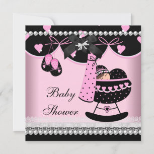 Invitation Baby Shower Bébé Fille Rose Noir Perle Dentelle
