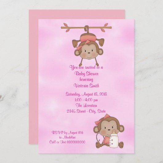 Invitation Baby shower Bébé Fille Singe (Devant / Derrière)