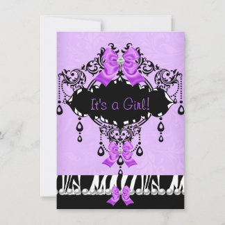 Invitation Baby shower bébé fille violet rose Zebra Bow