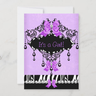 Invitation Baby Shower Bébé Fille Violet Rose Zèbre Nœud