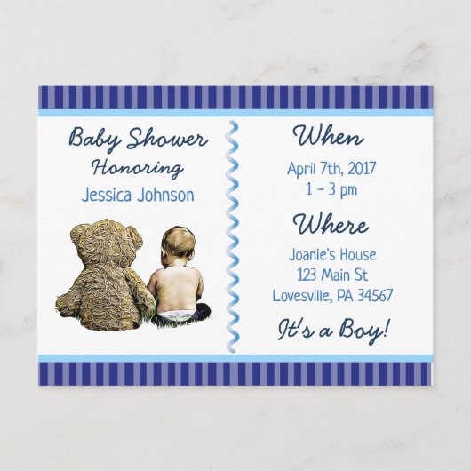 Invitation Baby shower bébé garçon et ours en pelu (Devant)