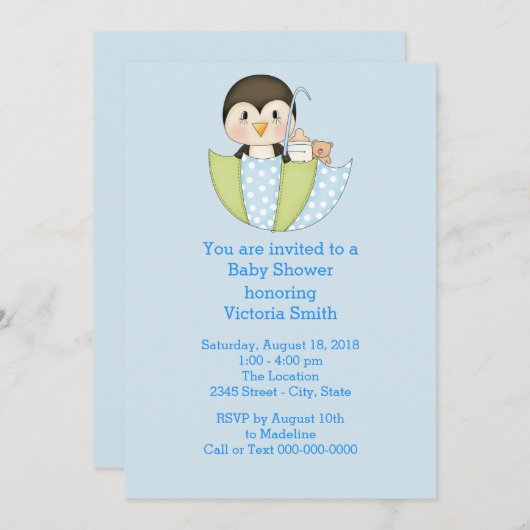 Invitation Baby shower bébé garçon pingouin (Devant / Derrière)