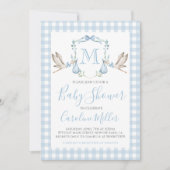 Invitation Baby shower bébé garçon Preppy Stork En vichy bleu (Devant)