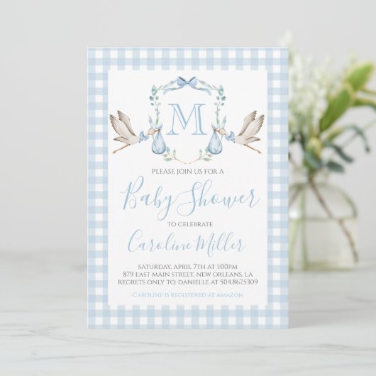 Invitation Baby shower bébé garçon Preppy Stork En vichy bleu (Debout devant)